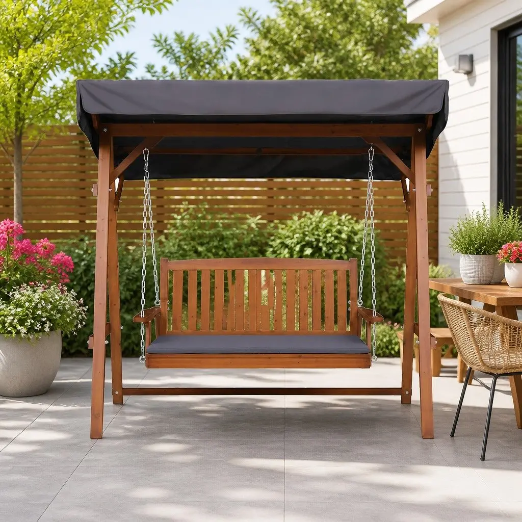 3 Seater Garden Swing Chair Outdoor Use Adjustable Canopy Teak Wood