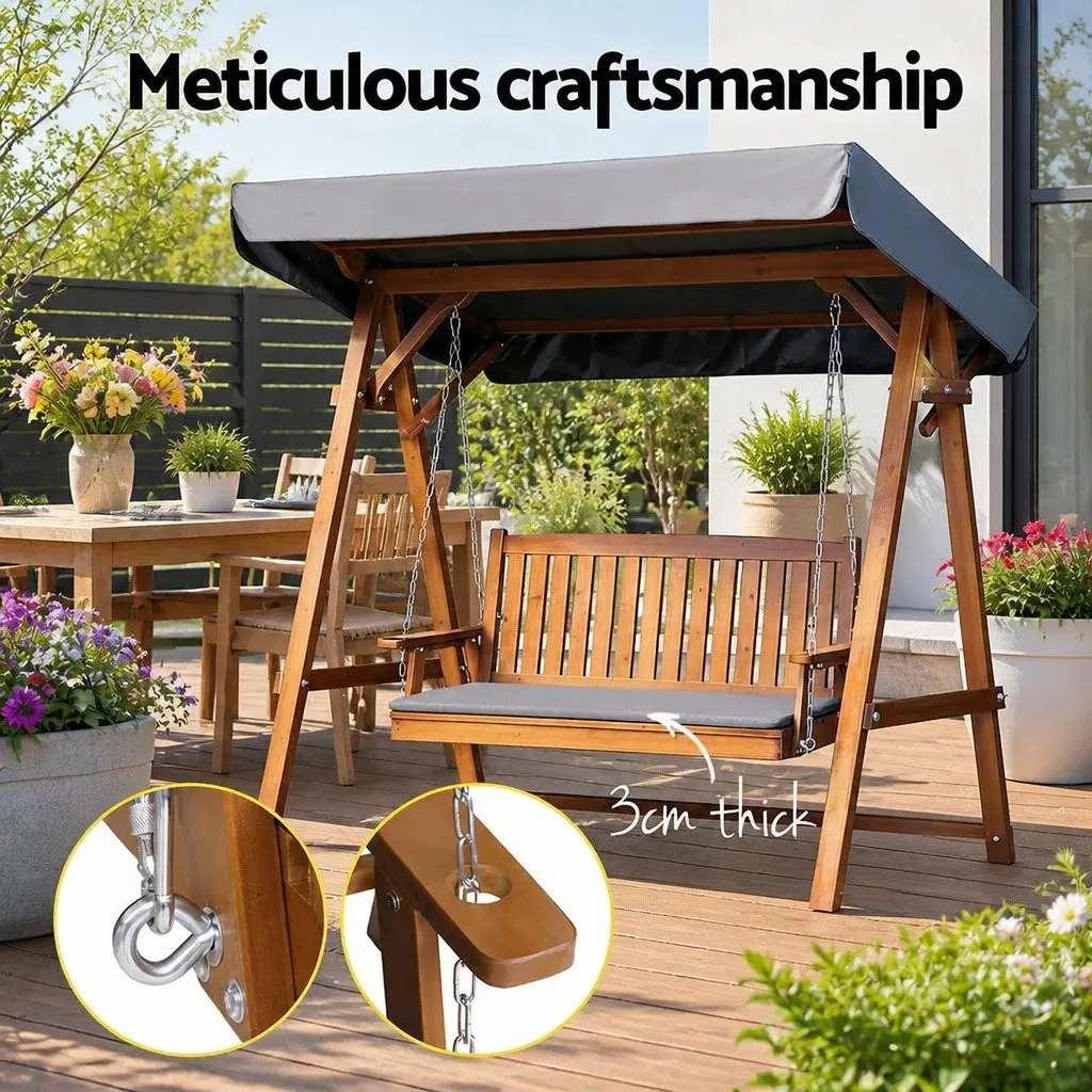 3 Seater Garden Swing Chair Outdoor Use Adjustable Canopy Teak Wood