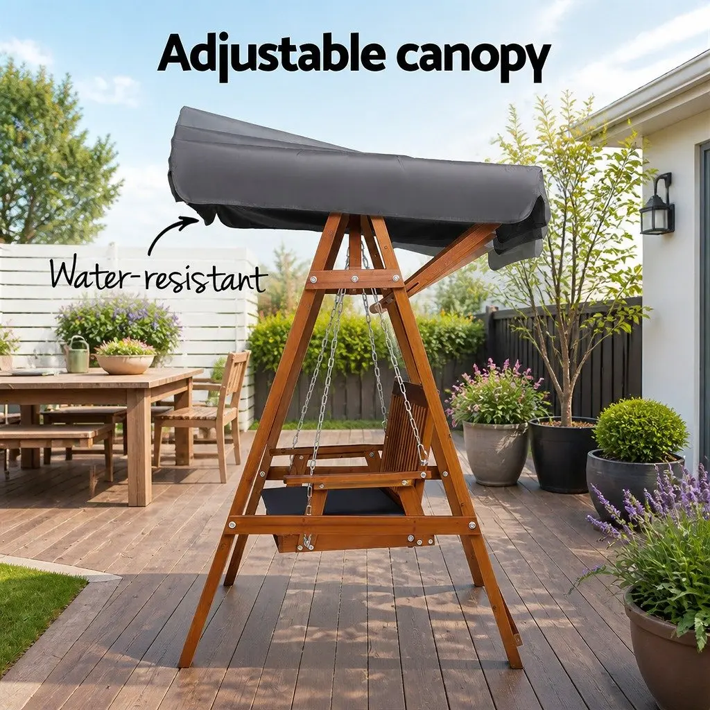 3 Seater Garden Swing Chair Outdoor Use Adjustable Canopy Teak Wood
