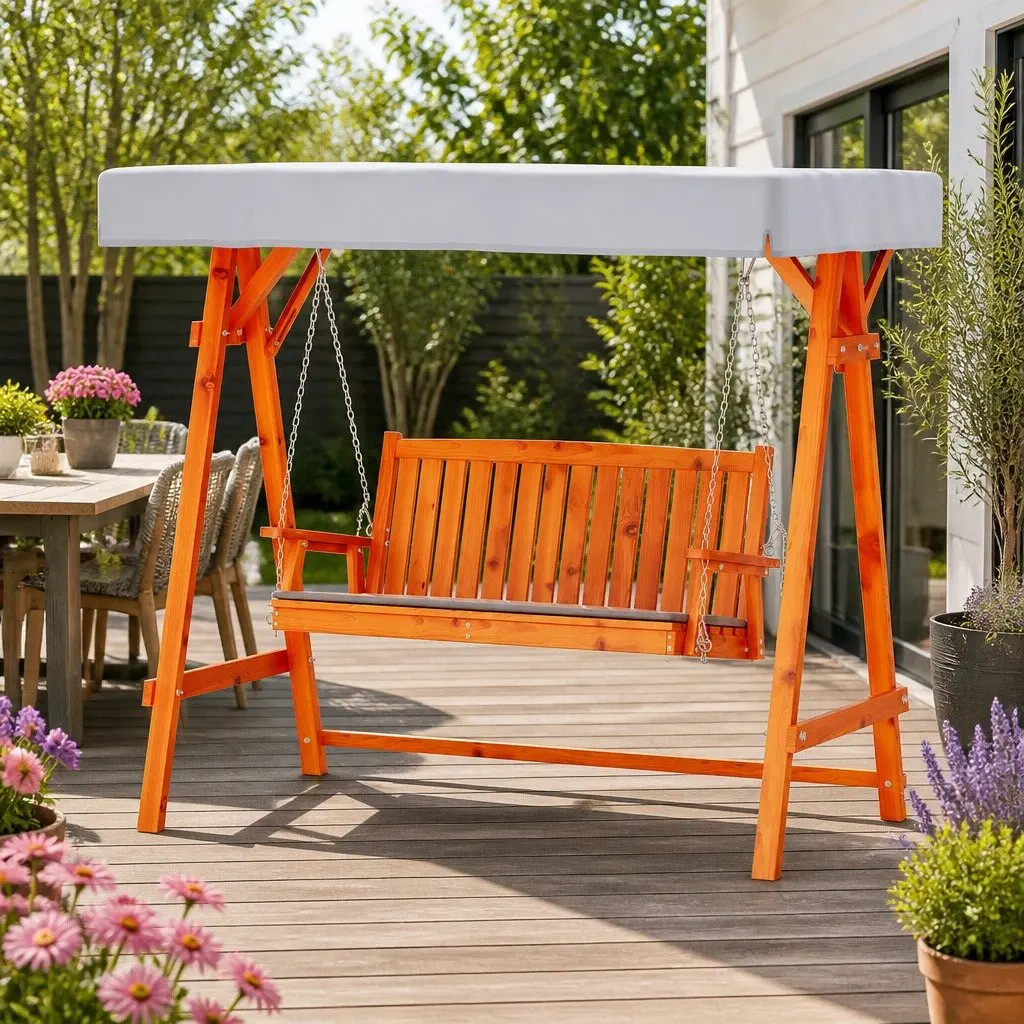 3 Seater Garden Swing Chair Outdoor Use Adjustable Canopy Teak Wood