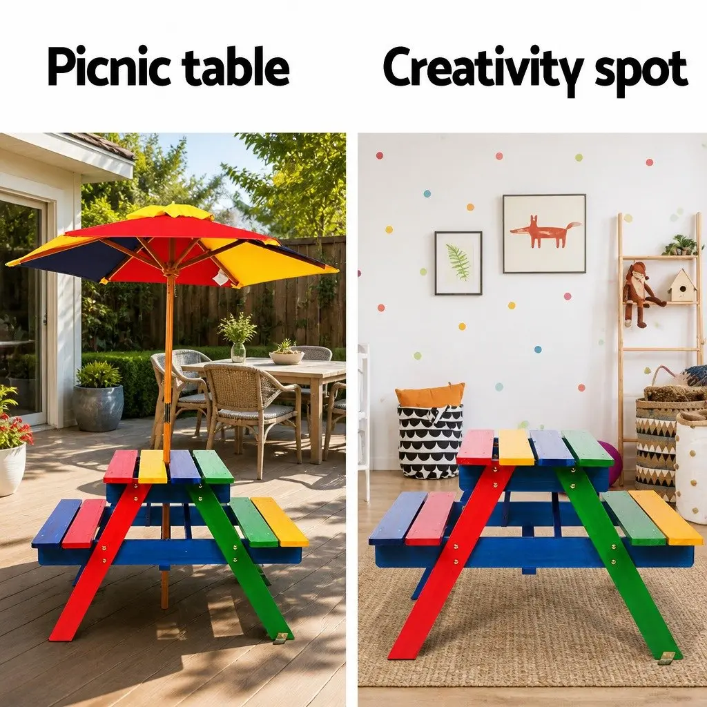 Kids Wooden Picnic Table Set with Umbrella Outdoor Indoor Play Furniture