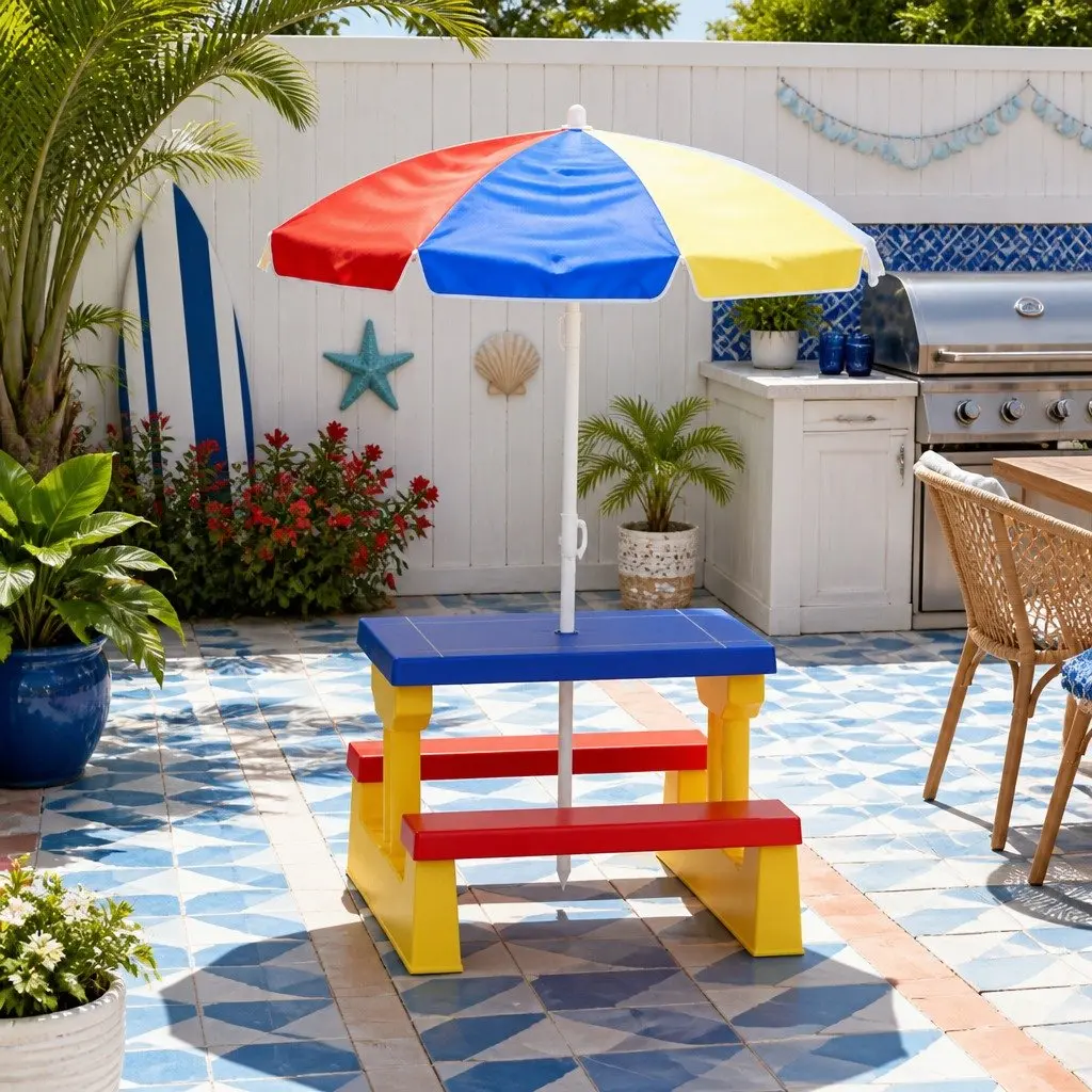 Kids Table and Chairs Set Indoor Outdoor Play Adjustable Umbrella Blue Red Yellow