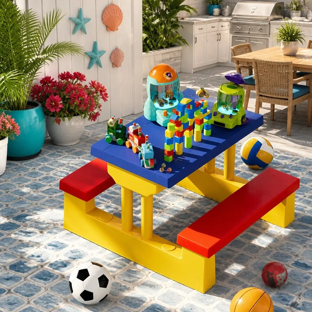 Kids Table and Chairs Set Indoor Outdoor Play Adjustable Umbrella Blue Red Yellow
