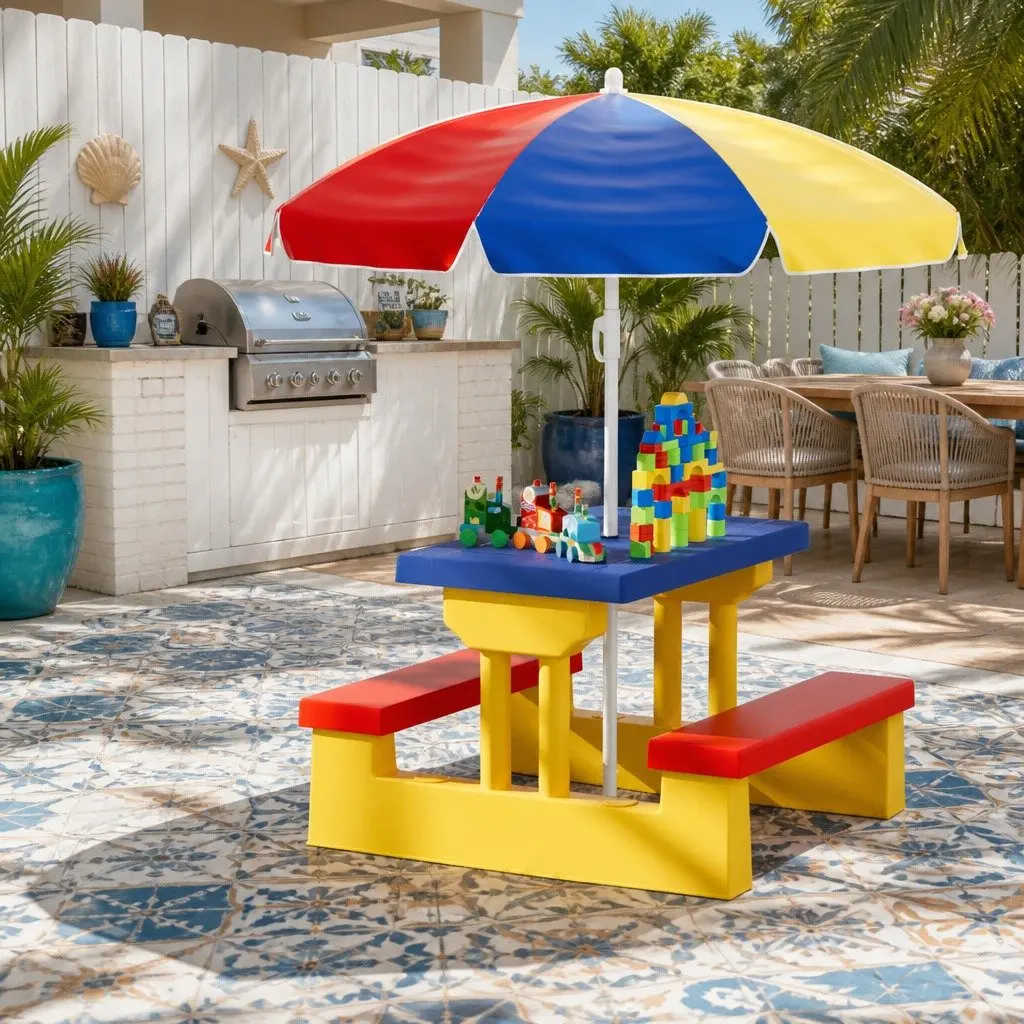 Kids Table and Chairs Set Indoor Outdoor Play Adjustable Umbrella Blue Red Yellow