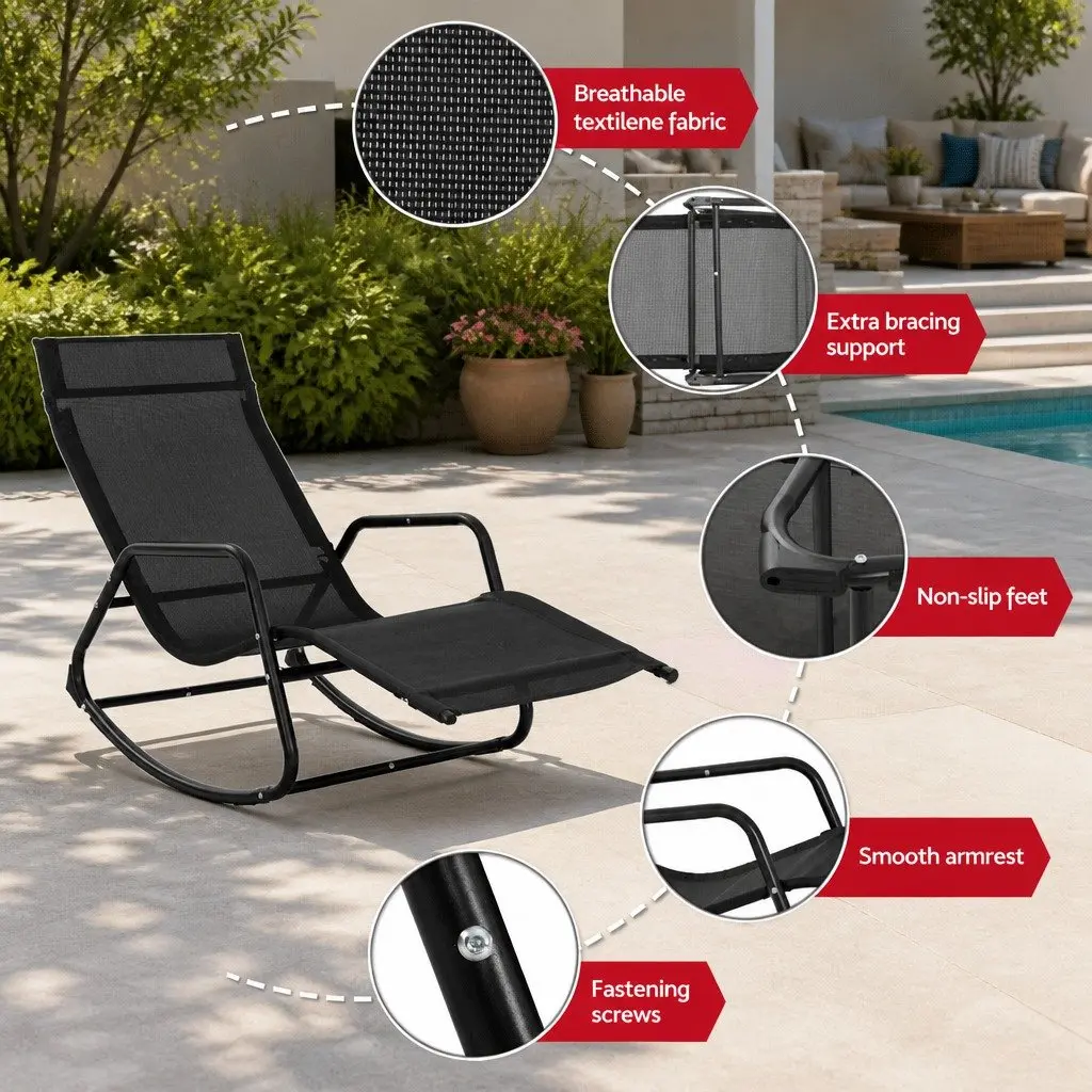 Rocking Lounge Chair Outdoor Lounger Patio Furniture Garden Pool Black Relaxer