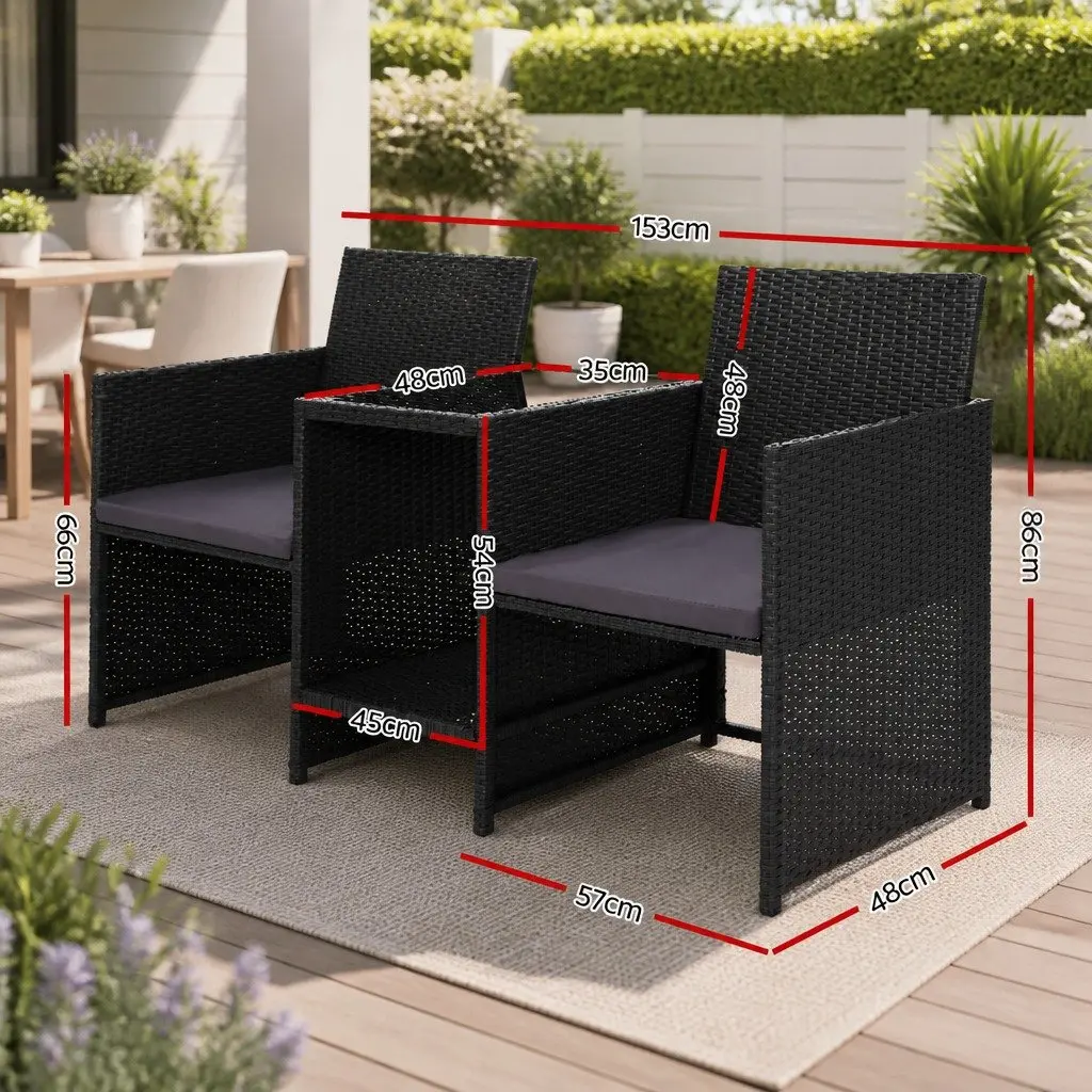 Outdoor Wicker Loveseat Bistro Set Tete-a-Tete Furniture Black