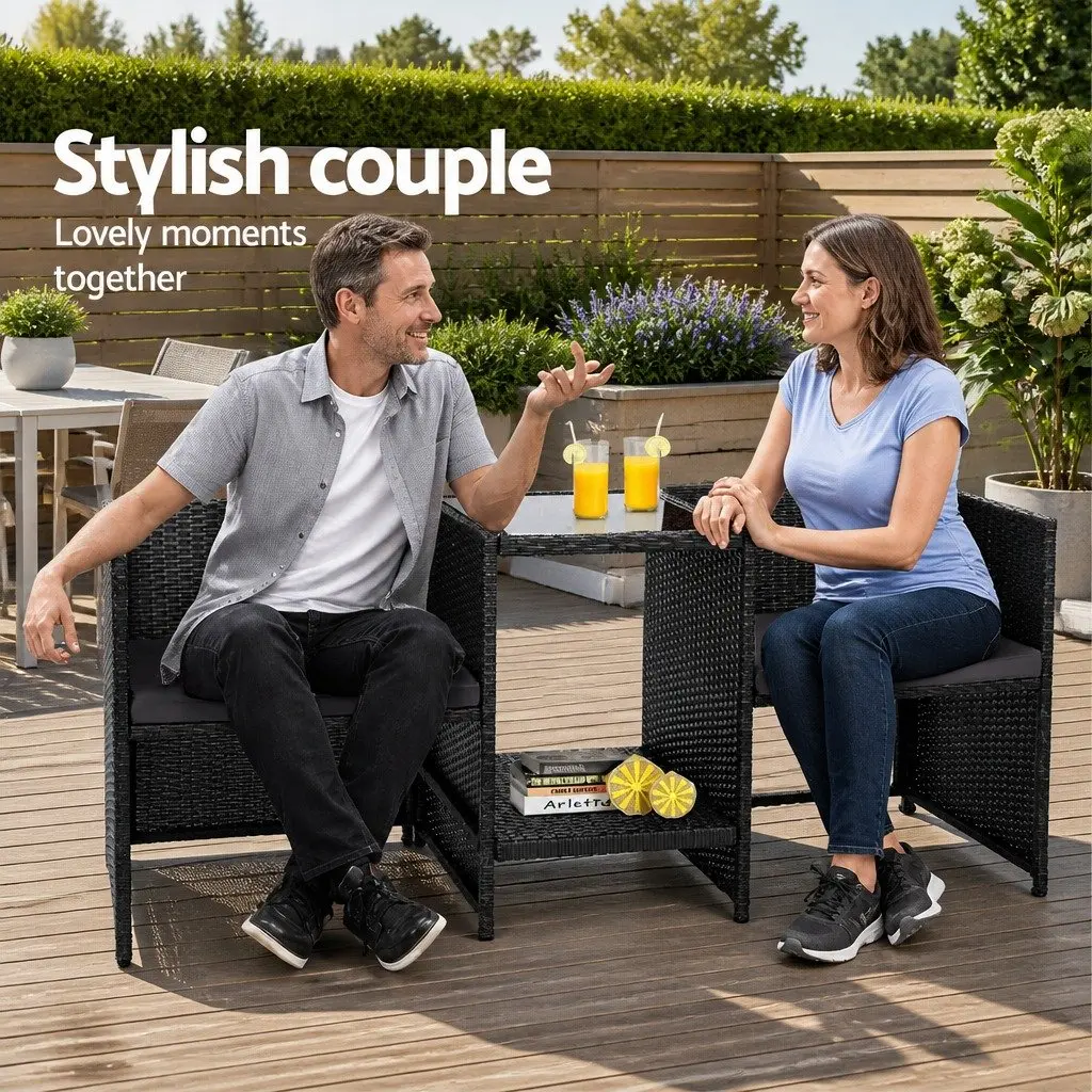 Outdoor Wicker Loveseat Bistro Set Tete-a-Tete Furniture Black