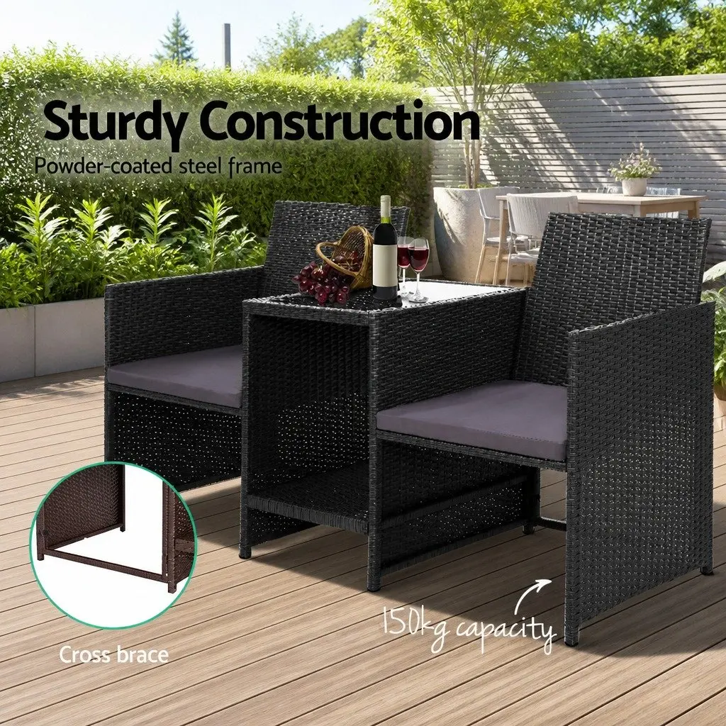 Outdoor Wicker Loveseat Bistro Set Tete-a-Tete Furniture Black