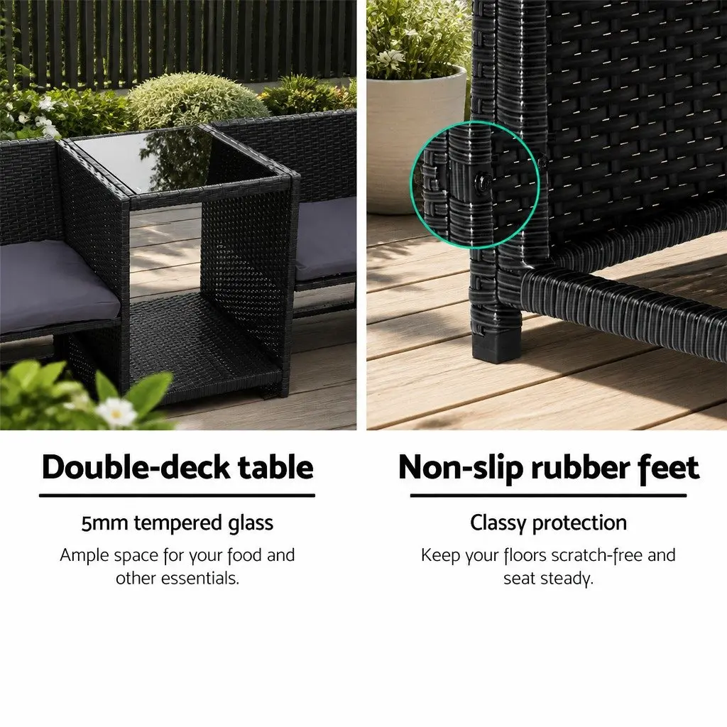 Outdoor Wicker Loveseat Bistro Set Tete-a-Tete Furniture Black