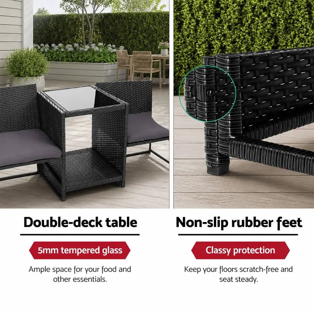 Outdoor Wicker Loveseat Bistro Set Tete-a-Tete Furniture Black