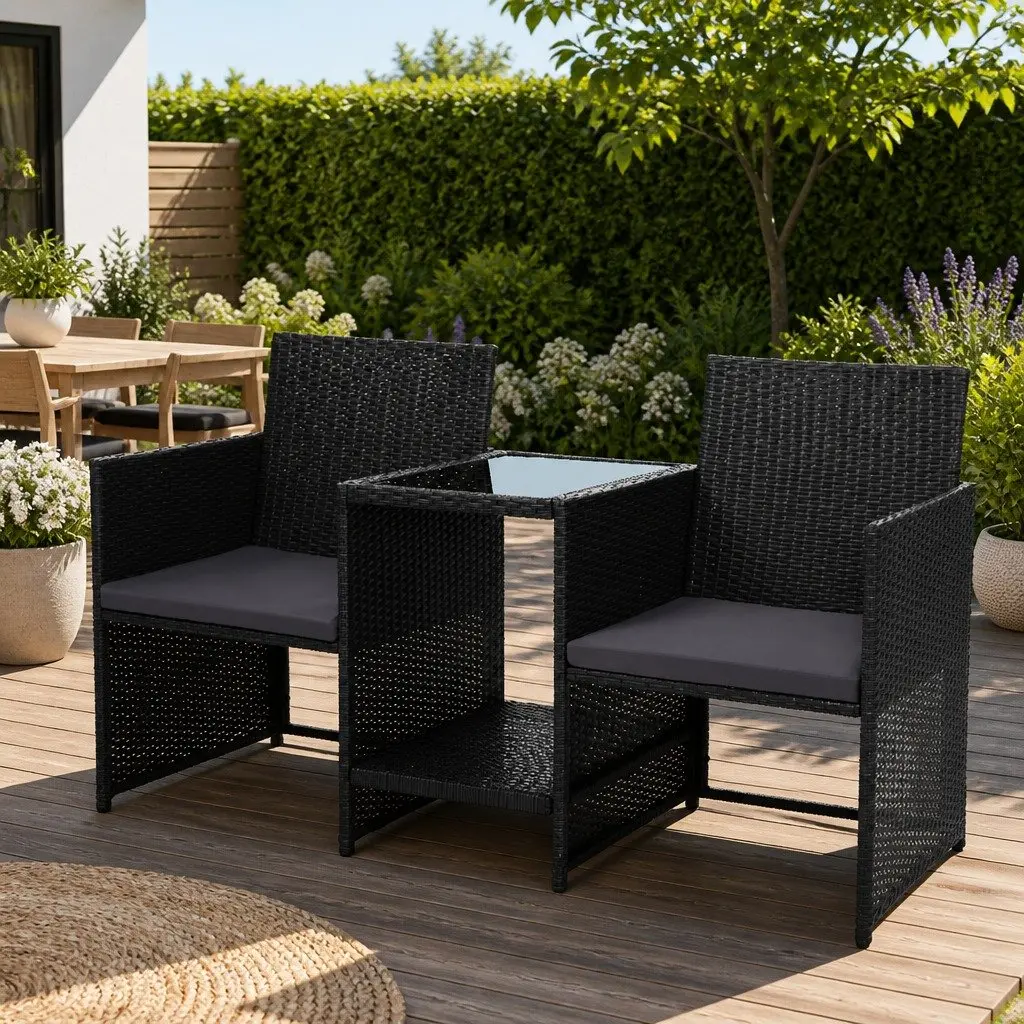 Outdoor Wicker Loveseat Bistro Set Tete-a-Tete Furniture Black