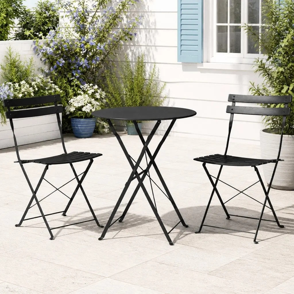 Outdoor Bistro Set Steel Table Chairs Foldable Black 3 Piece