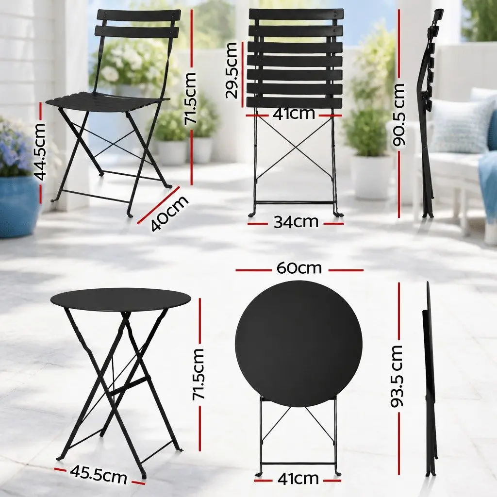 Outdoor Bistro Set Steel Table Chairs Foldable Black 3 Piece