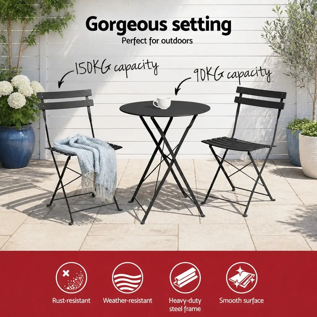 Outdoor Bistro Set Steel Table Chairs Foldable Black 3 Piece