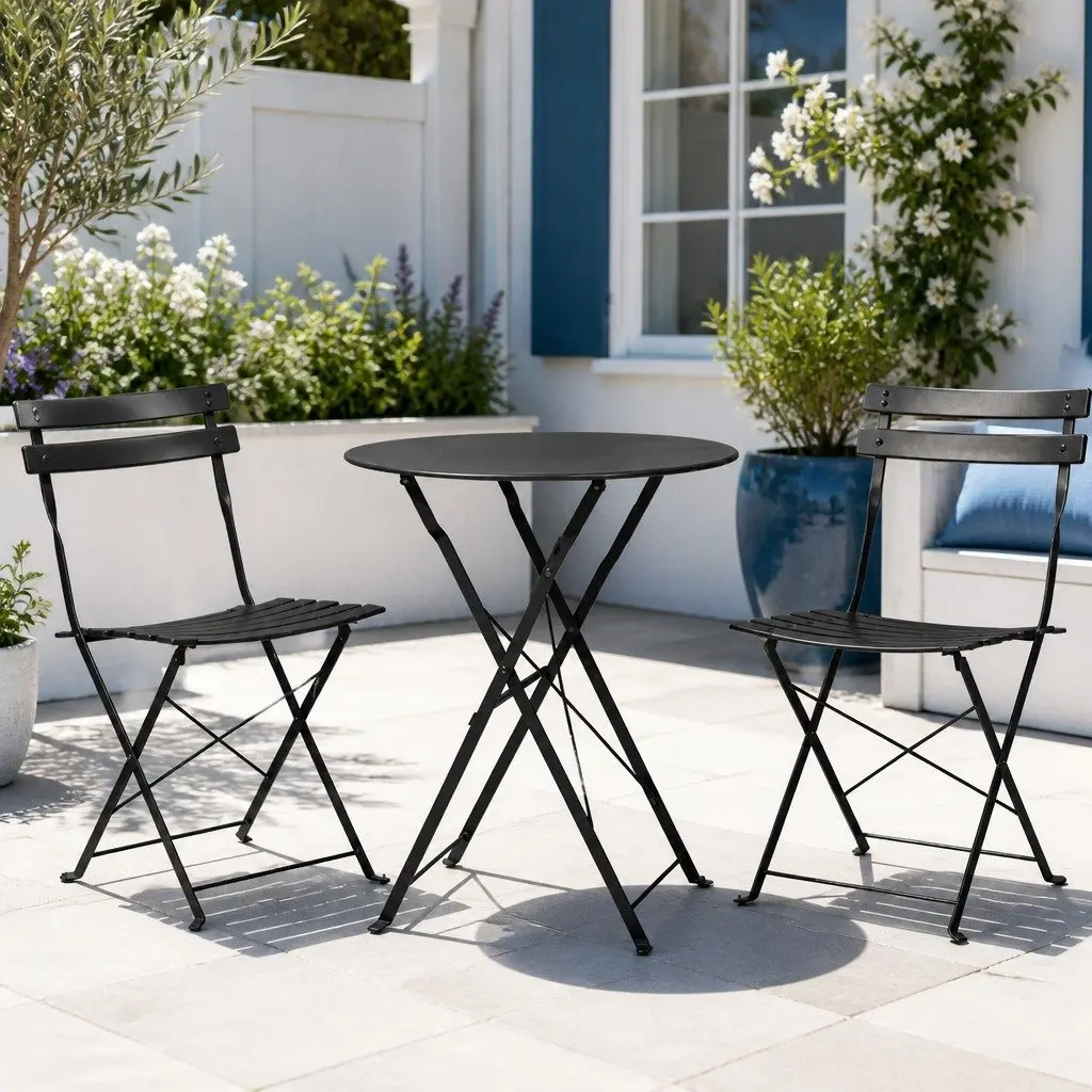 Outdoor Bistro Set Steel Table Chairs Foldable Black 3 Piece