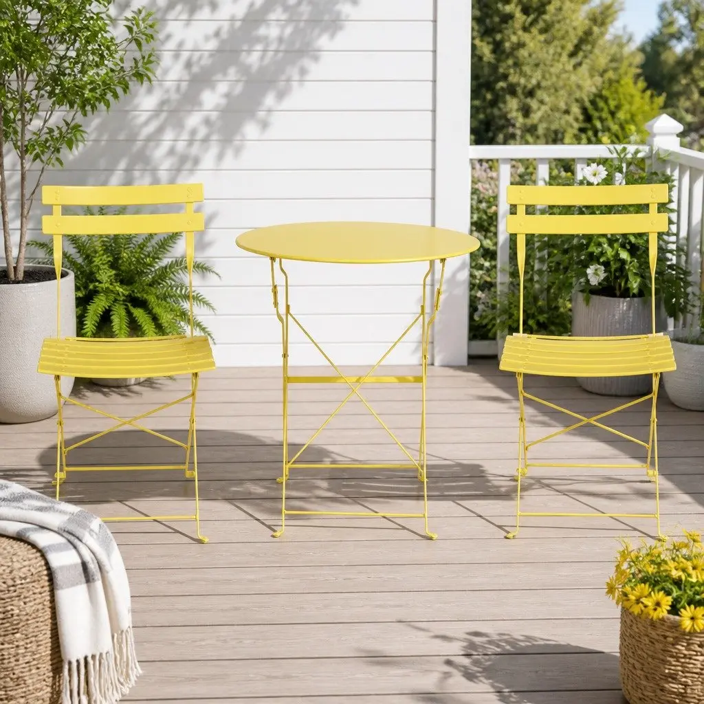 3 Piece Outdoor Bistro Set Steel Table Chairs Yellow Foldable