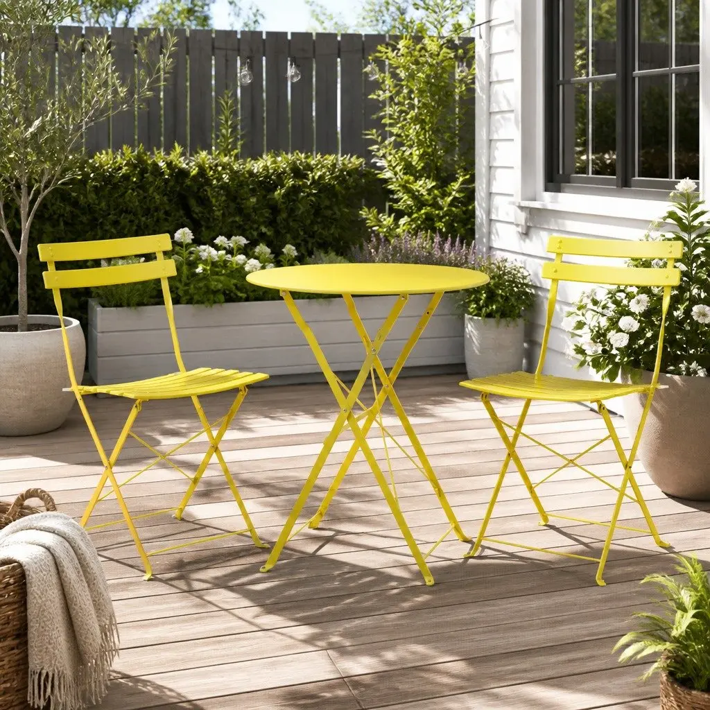 3 Piece Outdoor Bistro Set Steel Table Chairs Yellow Foldable