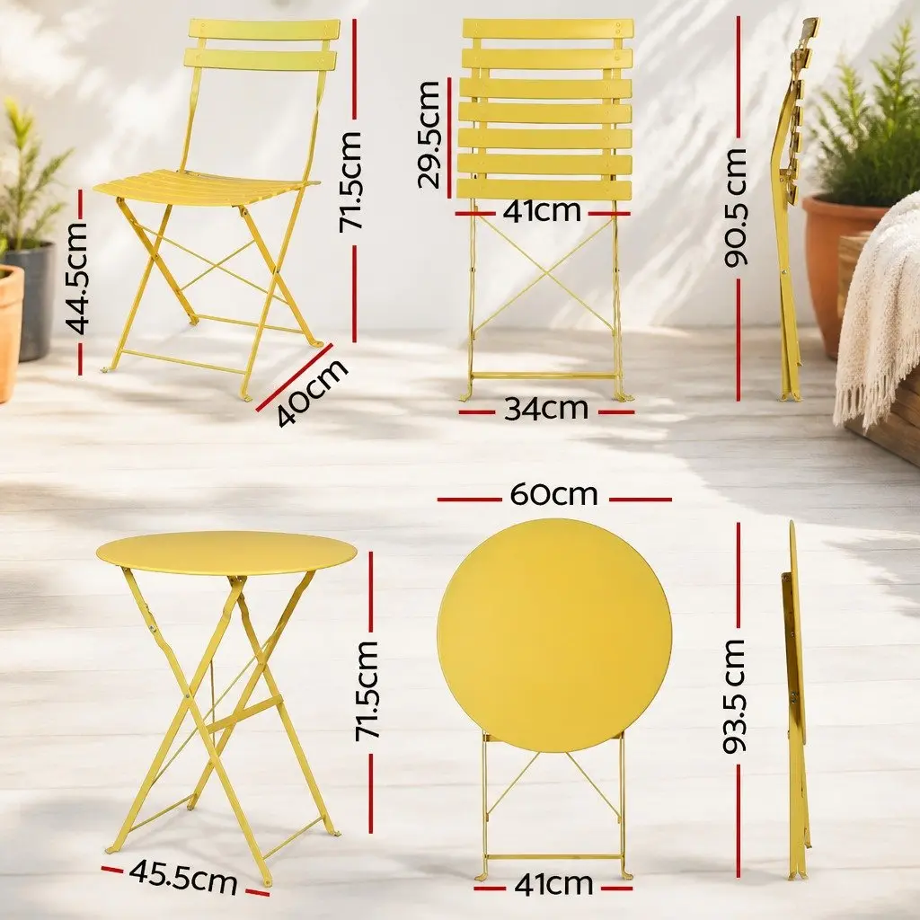 3 Piece Outdoor Bistro Set Steel Table Chairs Yellow Foldable