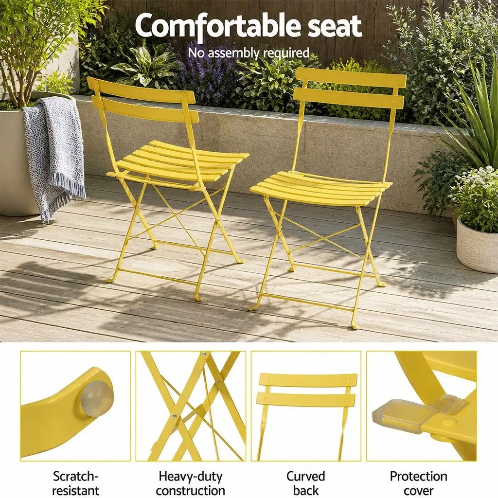 3 Piece Outdoor Bistro Set Steel Table Chairs Yellow Foldable