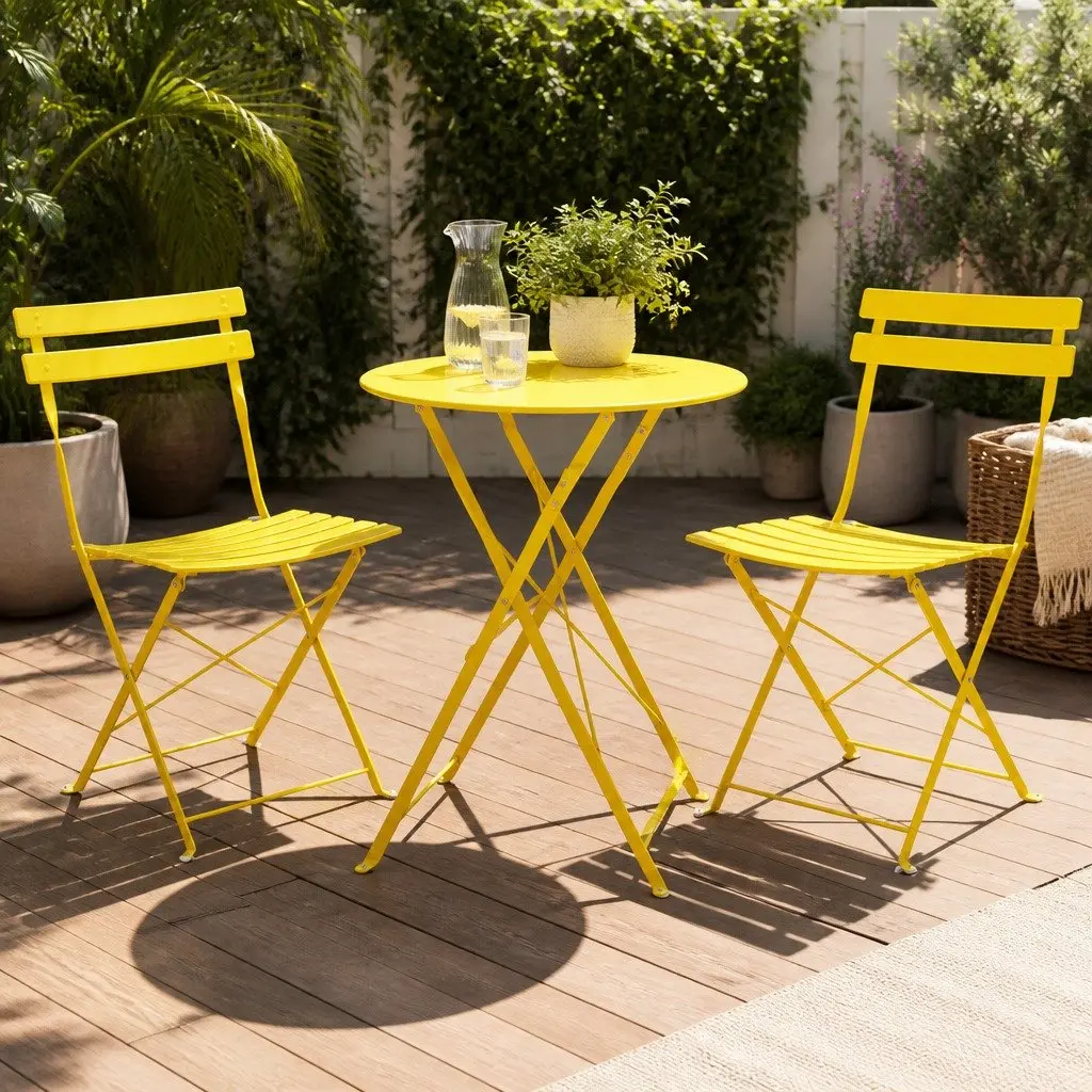 3 Piece Outdoor Bistro Set Steel Table Chairs Yellow Foldable