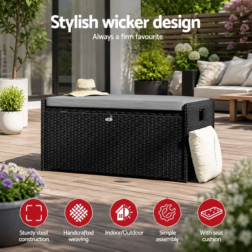 Outdoor Storage Bench Box Wicker Garden Patio Furniture Seat with Cushion Black 100cm x 47cm x 45cm