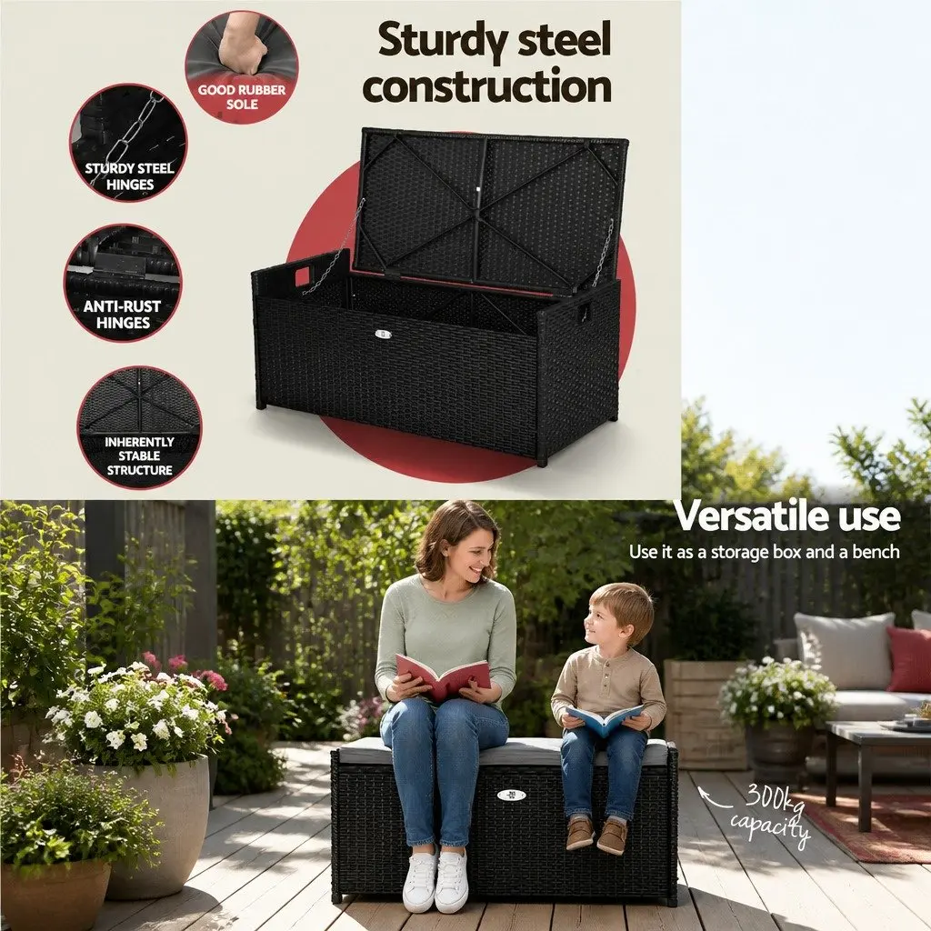 Outdoor Storage Bench Box Wicker Garden Patio Furniture Seat with Cushion Black 100cm x 47cm x 45cm