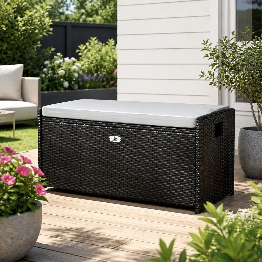 Outdoor Storage Bench Box Wicker Garden Patio Furniture Seat with Cushion Black 100cm x 47cm x 45cm