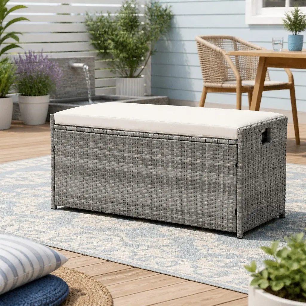 Grey Wicker Outdoor Storage Bench with Cushion