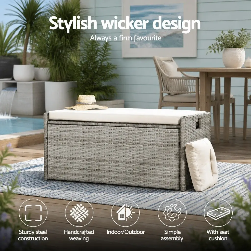 Outdoor Storage Bench Box Wicker Garden Tools Cushion Grey 100cm