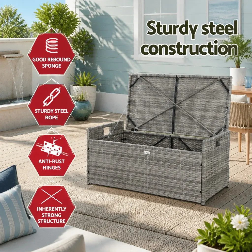 Outdoor Storage Bench Box Wicker Garden Tools Cushion Grey 100cm