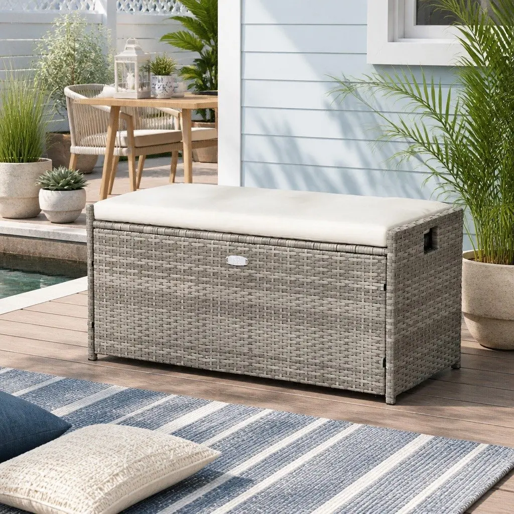 Outdoor Storage Bench Box Wicker Garden Tools Cushion Grey 100cm