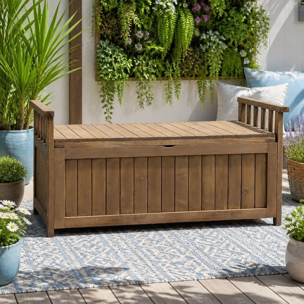 Outdoor Storage Bench Box Wooden Garden Furniture 106cm Brown