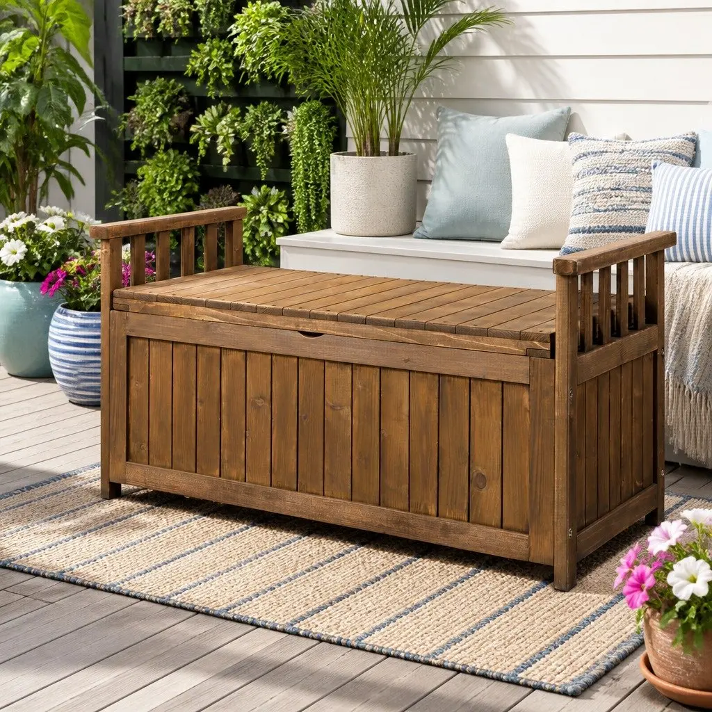 Outdoor Storage Bench Box Wooden Garden Furniture 106cm Brown