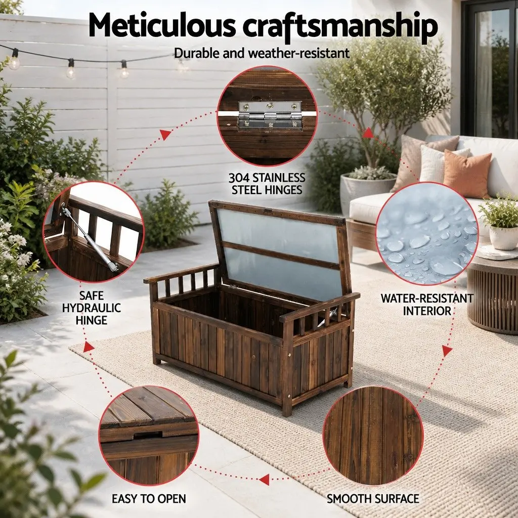Outdoor Storage Bench Box Wooden Garden Patio Furniture Charcoal 106cm x 60cm x 51.5cm