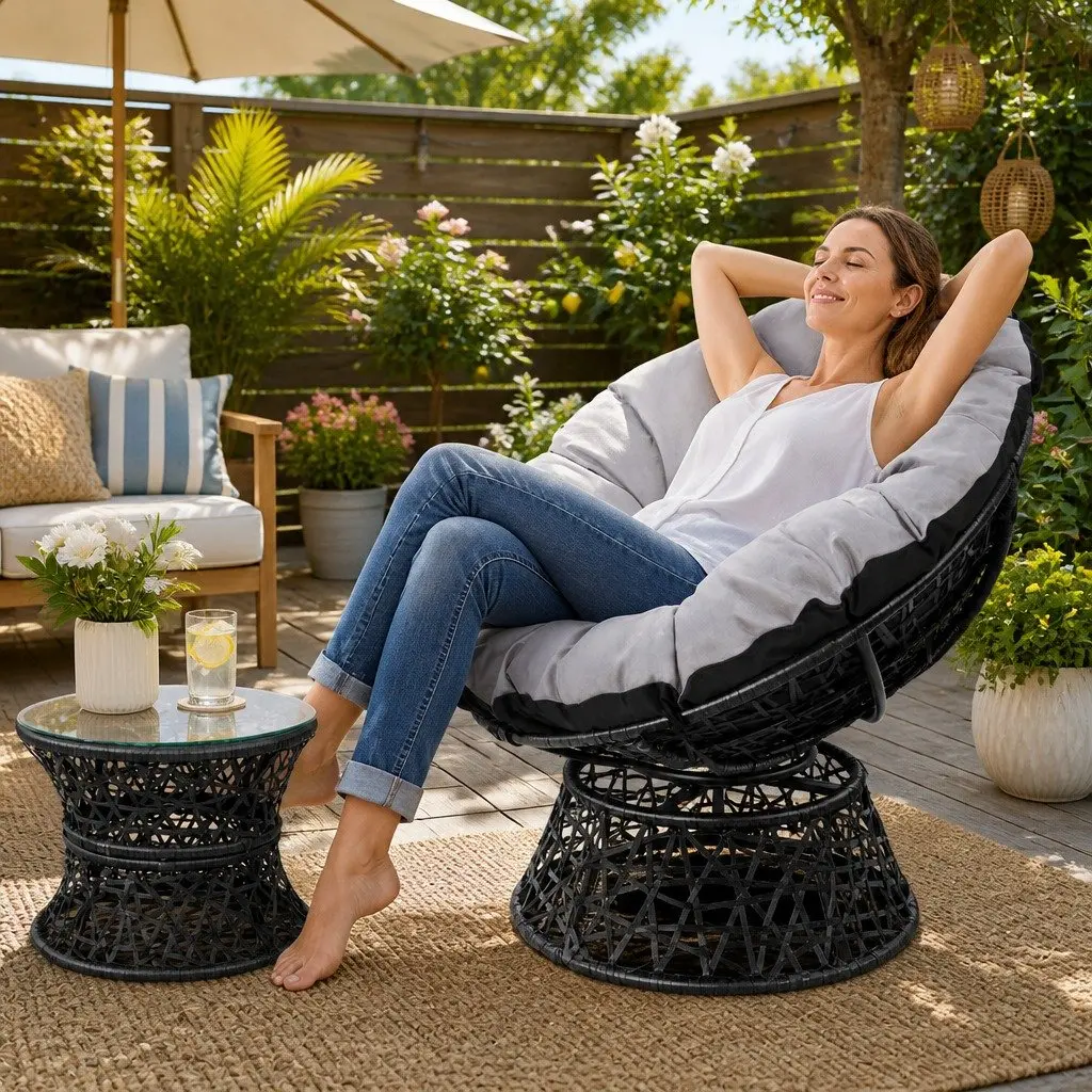 Papasan Chair and Side Table Set Outdoor Garden Lounge Wicker Furniture Black