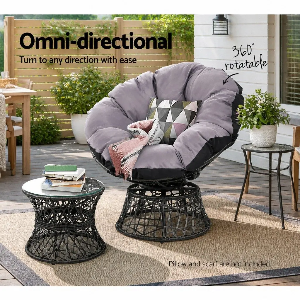 Papasan Chair and Side Table Set Outdoor Garden Lounge Wicker Furniture Black