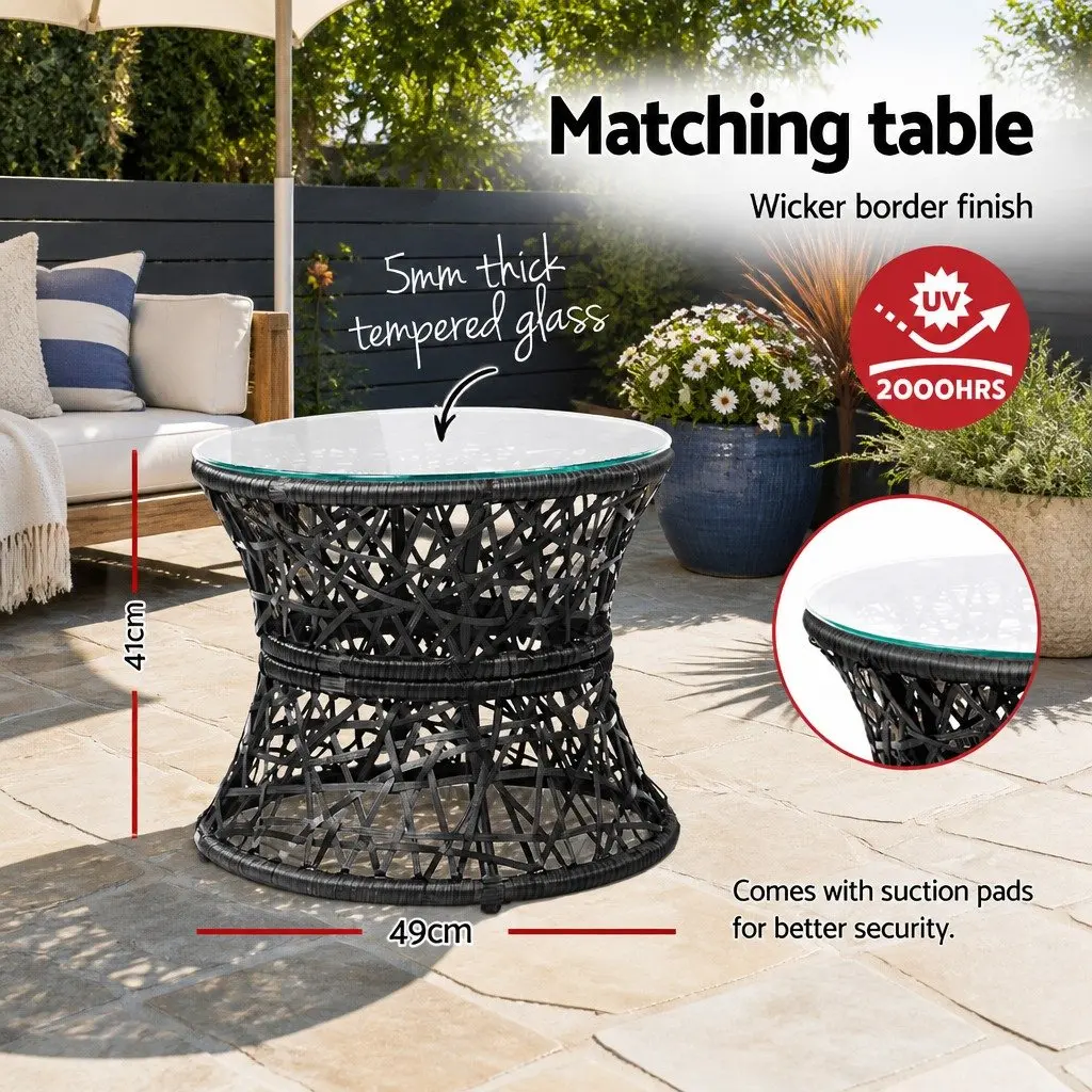 Papasan Chair and Side Table Set Outdoor Garden Lounge Wicker Furniture Black