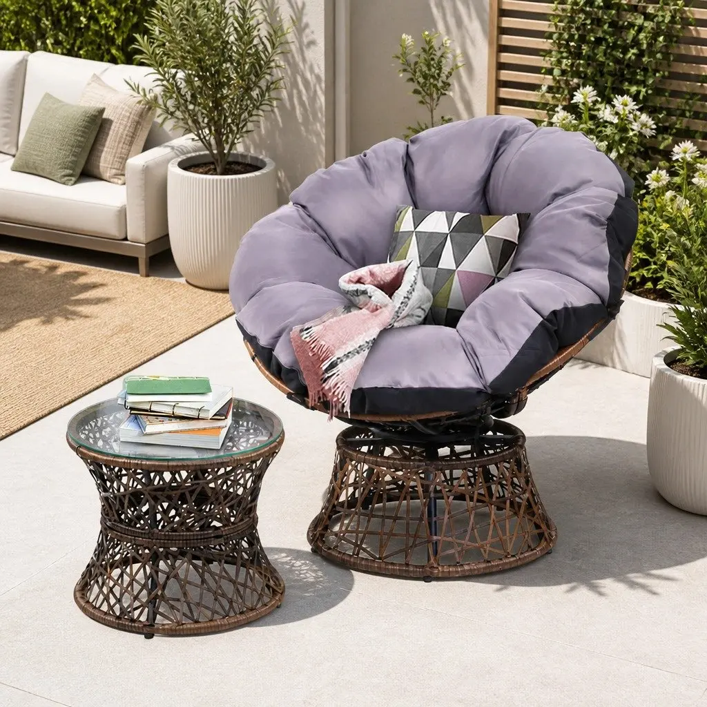 Papasan Chair Side Table Set Outdoor Lounge Furniture Brown 360 Degrees Rotatable PE Wicker Steel Frame