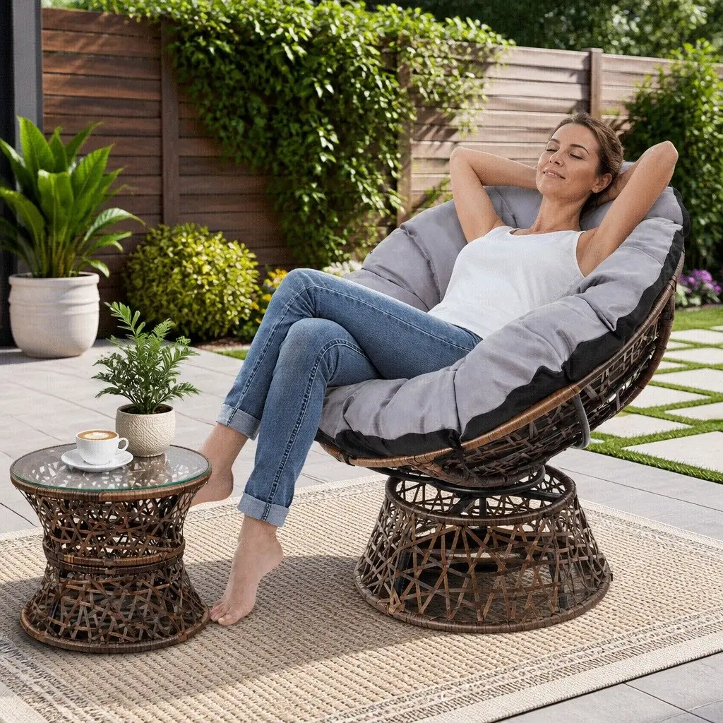 Papasan Chair Side Table Set Outdoor Lounge Furniture Brown 360 Degrees Rotatable PE Wicker Steel Frame