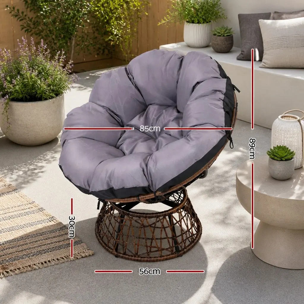 Papasan Chair Side Table Set Outdoor Lounge Furniture Brown 360 Degrees Rotatable PE Wicker Steel Frame