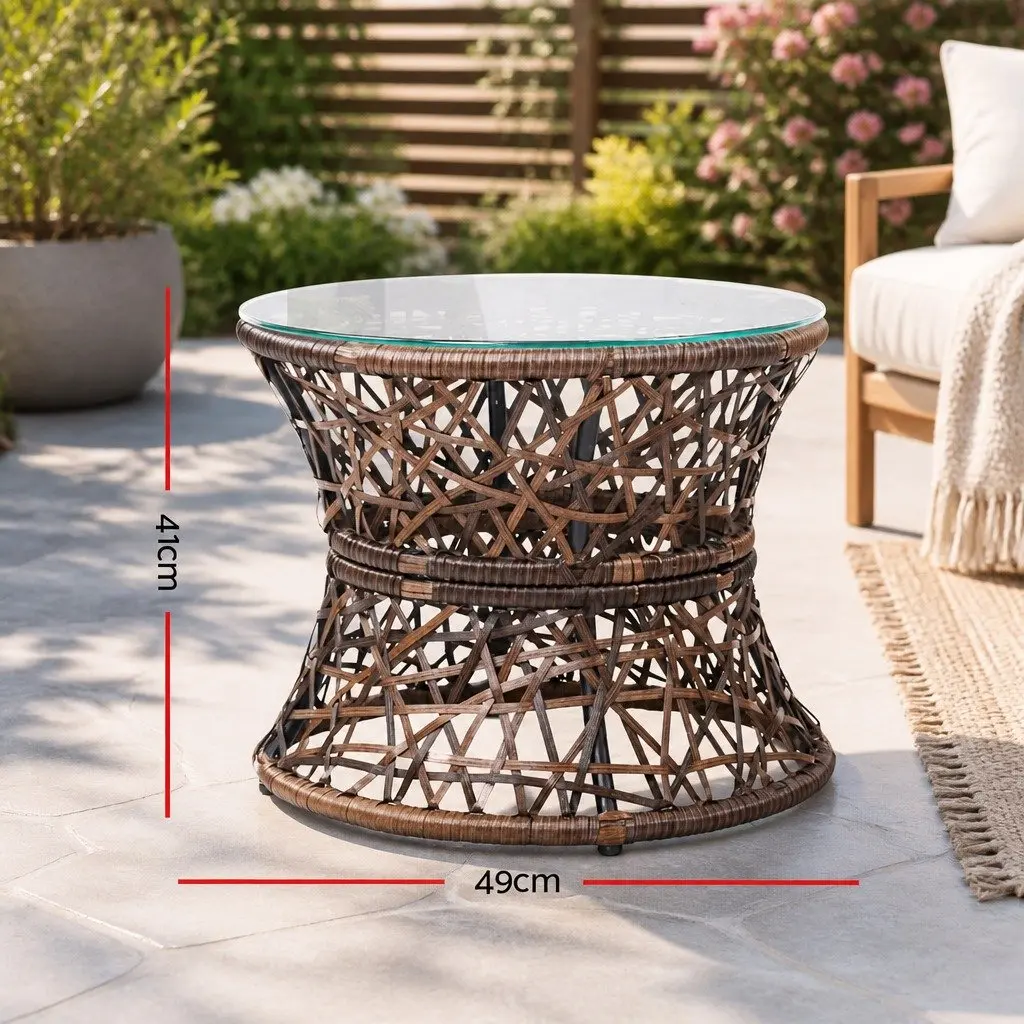 Papasan Chair Side Table Set Outdoor Lounge Furniture Brown 360 Degrees Rotatable PE Wicker Steel Frame