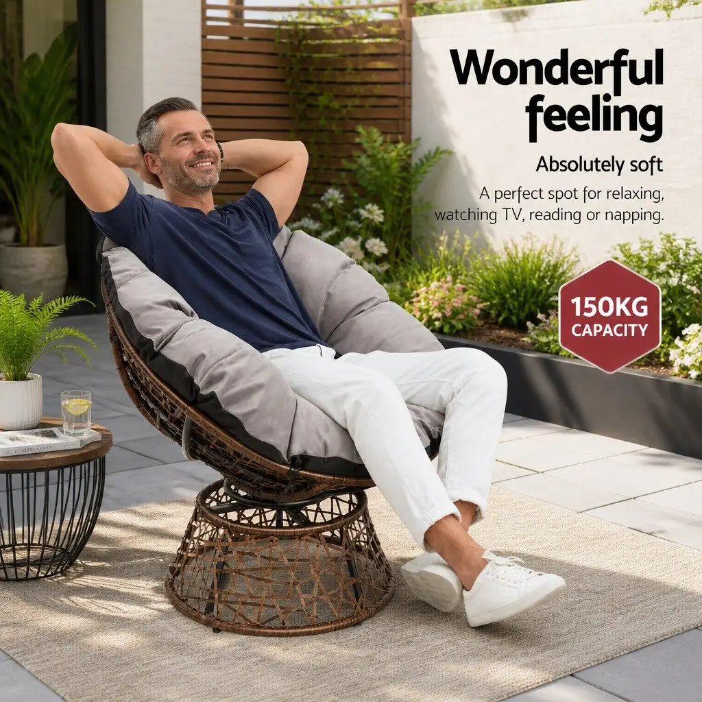 Papasan Chair Side Table Set Outdoor Lounge Furniture Brown 360 Degrees Rotatable PE Wicker Steel Frame