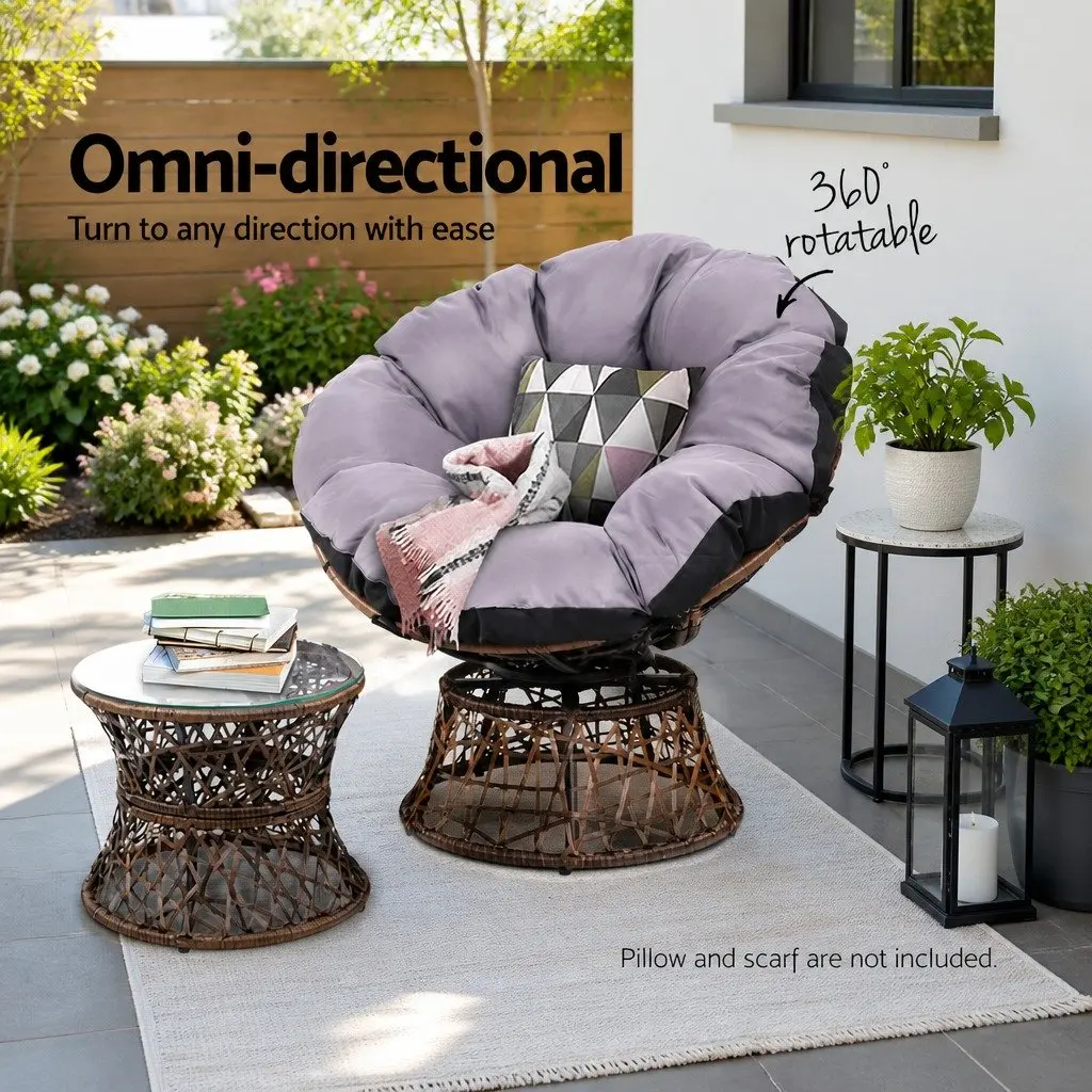 Papasan Chair Side Table Set Outdoor Lounge Furniture Brown 360 Degrees Rotatable PE Wicker Steel Frame