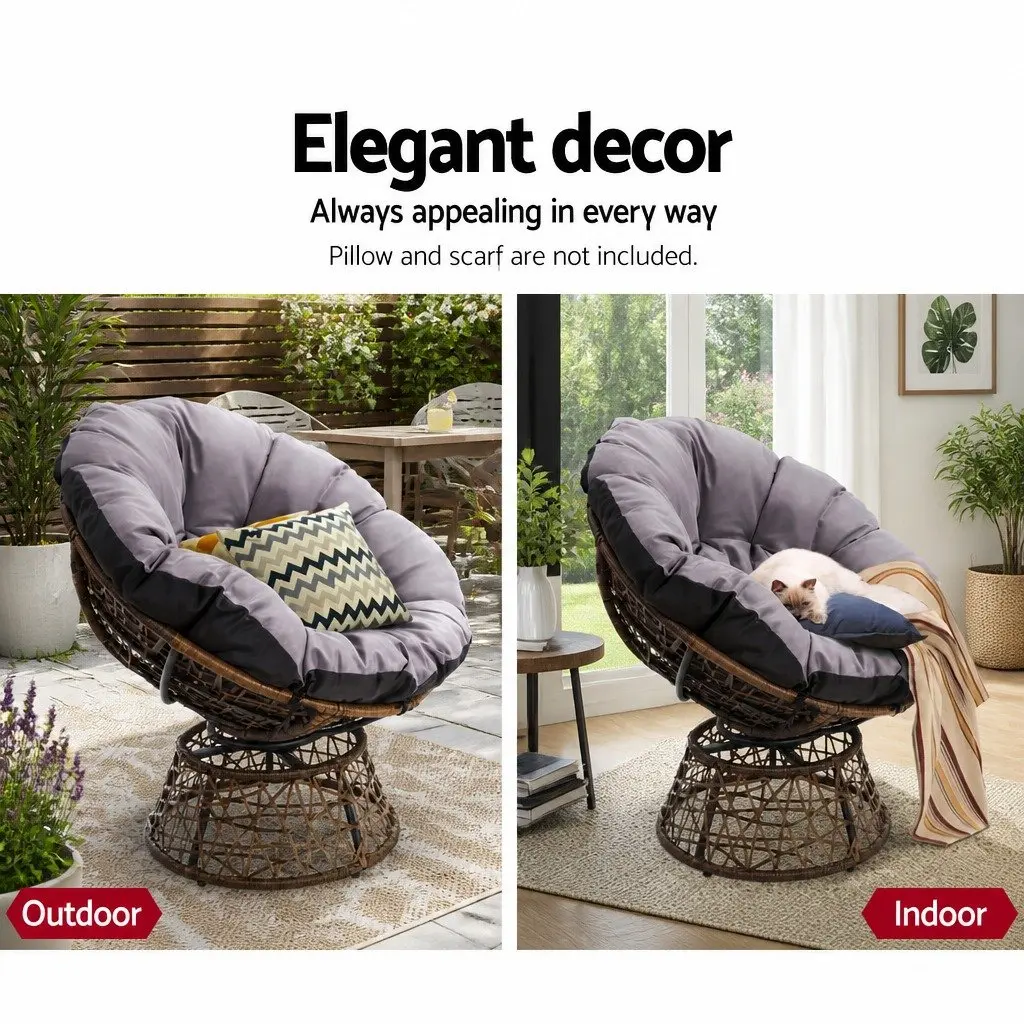 Papasan Chair Side Table Set Outdoor Lounge Furniture Brown 360 Degrees Rotatable PE Wicker Steel Frame