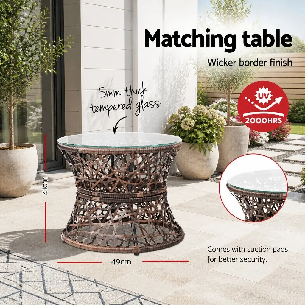 Papasan Chair Side Table Set Outdoor Lounge Furniture Brown 360 Degrees Rotatable PE Wicker Steel Frame