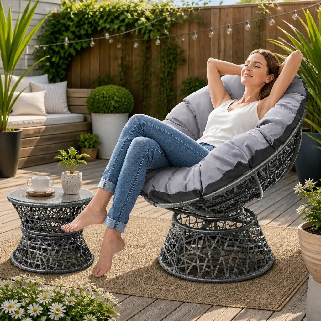 Papasan Chair and Side Table Set Outdoor Garden Lounge Furniture Grey Wicker