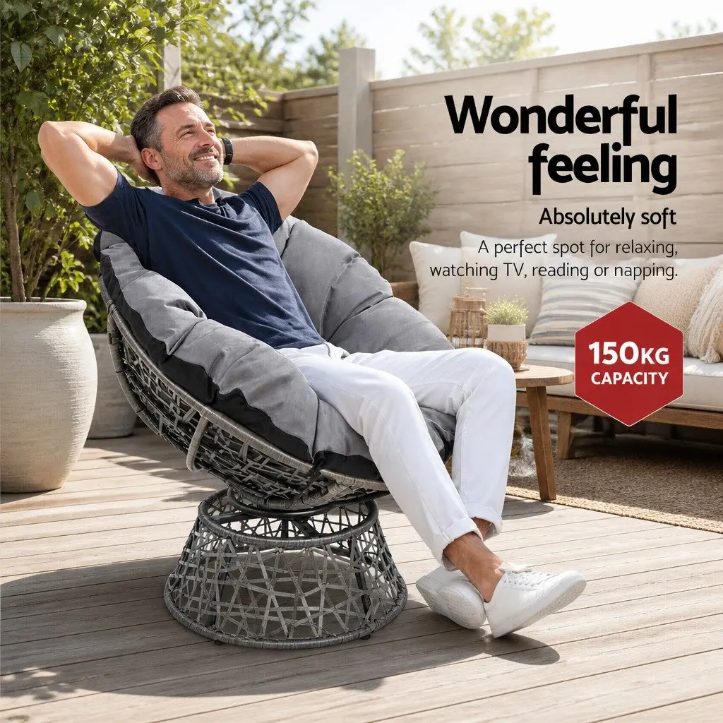 Papasan Chair and Side Table Set Outdoor Garden Lounge Furniture Grey Wicker