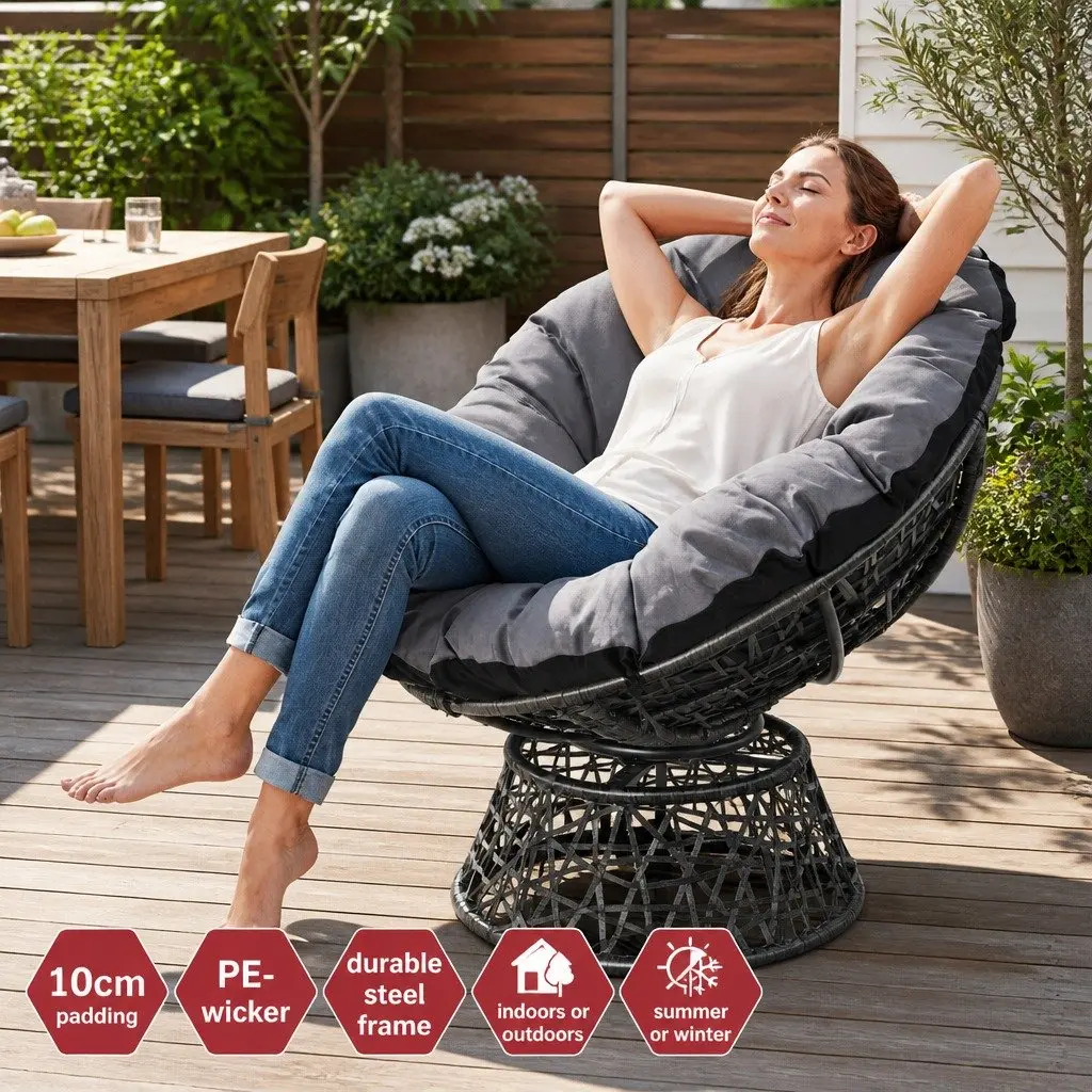 Papasan Chair Outdoor Wicker Patio Furniture Rotatable Garden Lounge Seat Black