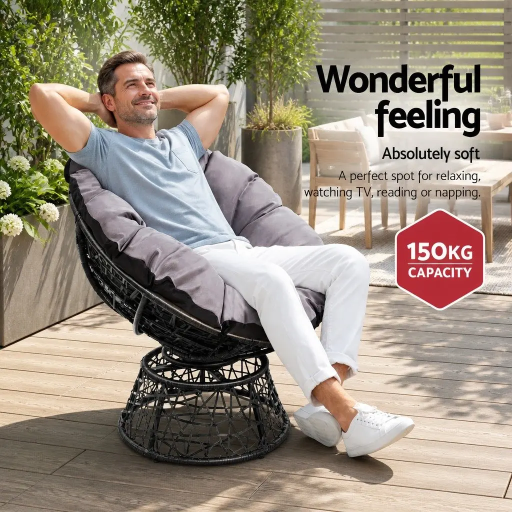 Papasan Chair Outdoor Wicker Patio Furniture Rotatable Garden Lounge Seat Black