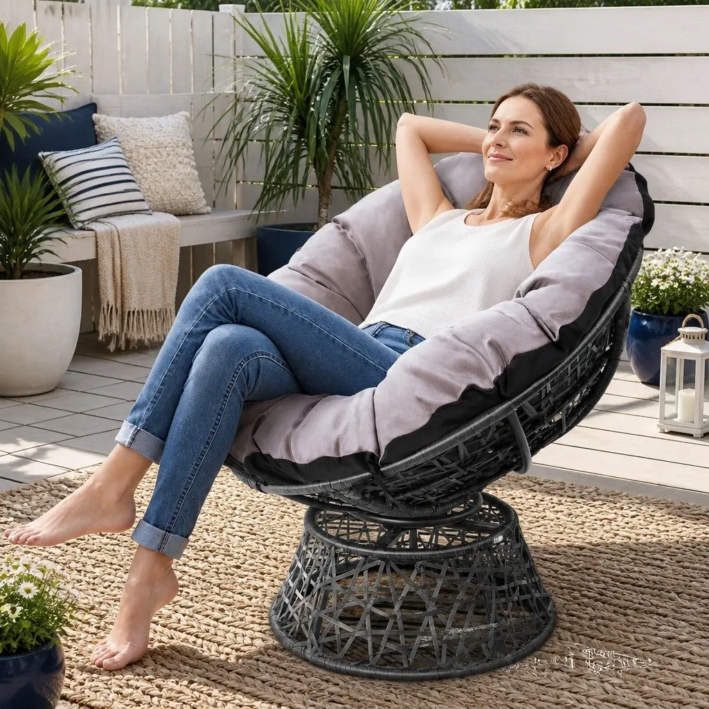 Papasan Chair Rotatable Indoor Outdoor Furniture 360 Degree Grey